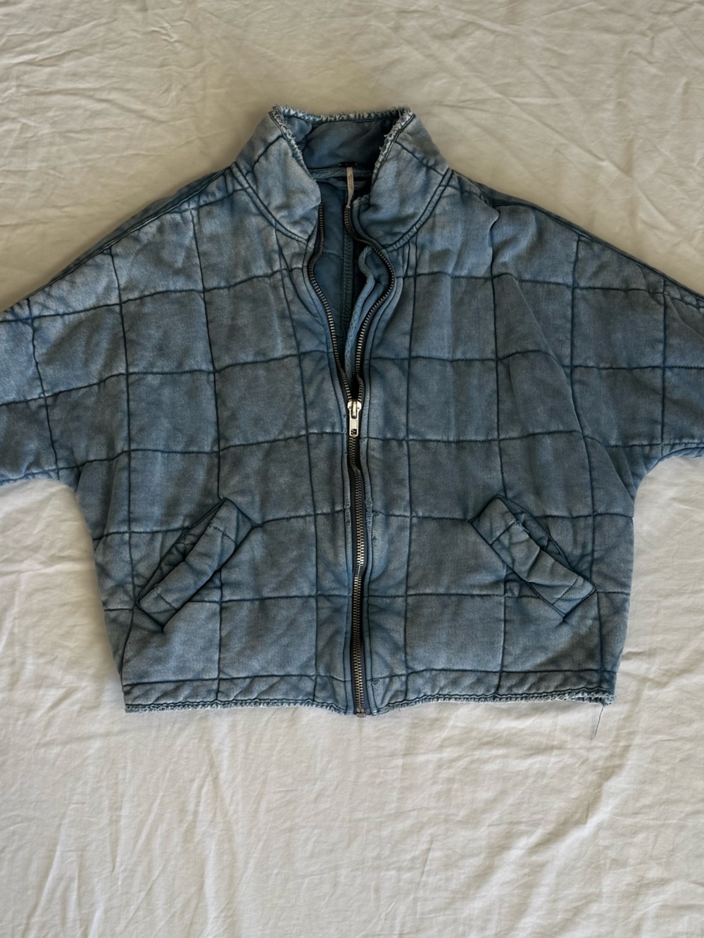 Free People Washed Blue Quilted Cropped Puffer Jacket